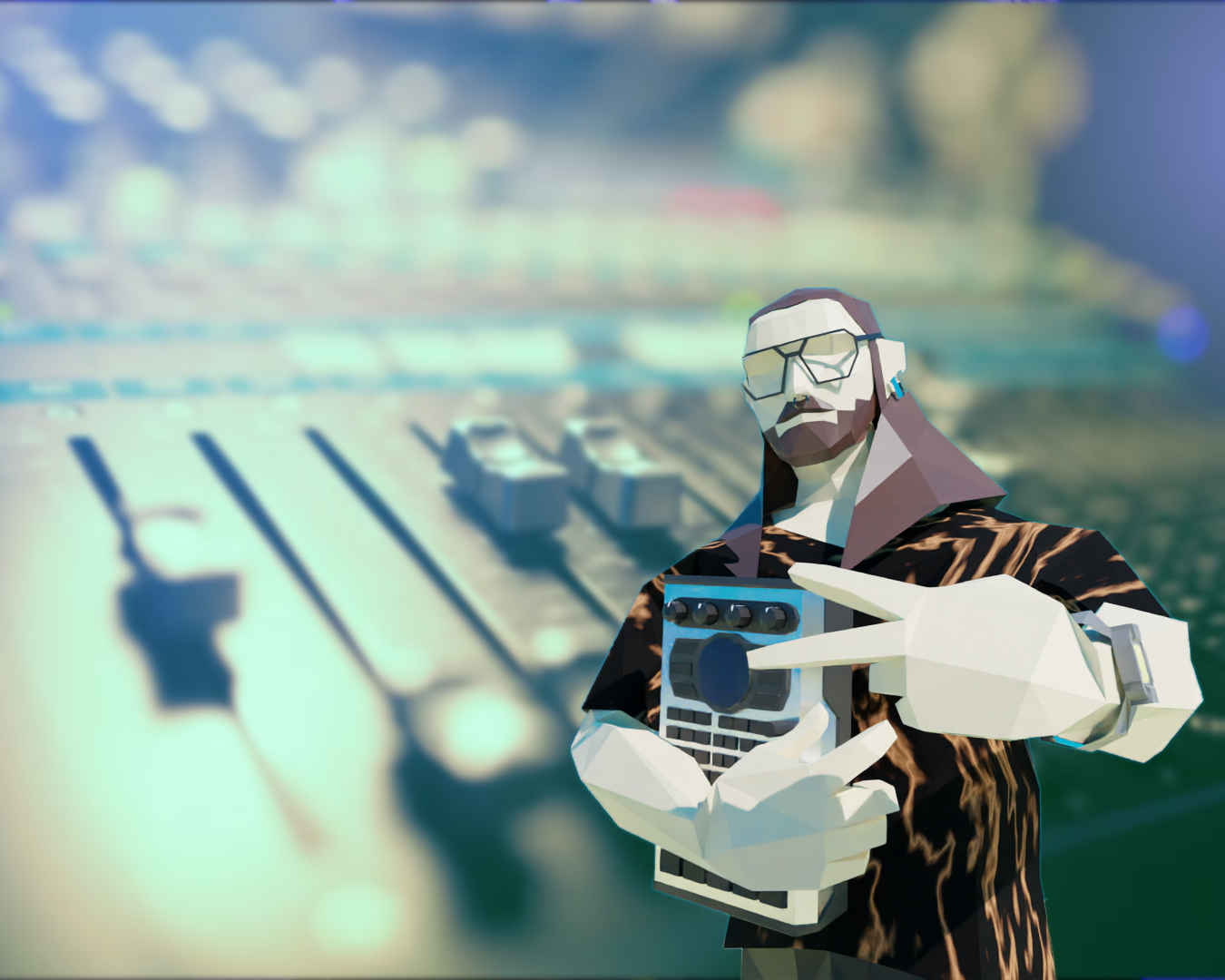 MallbertPosingSP404MK2_alternateSky Ein Mischpult im Hintergrund und eine auf cool machende Person auf der Seite mit Mischpult in der Hand.