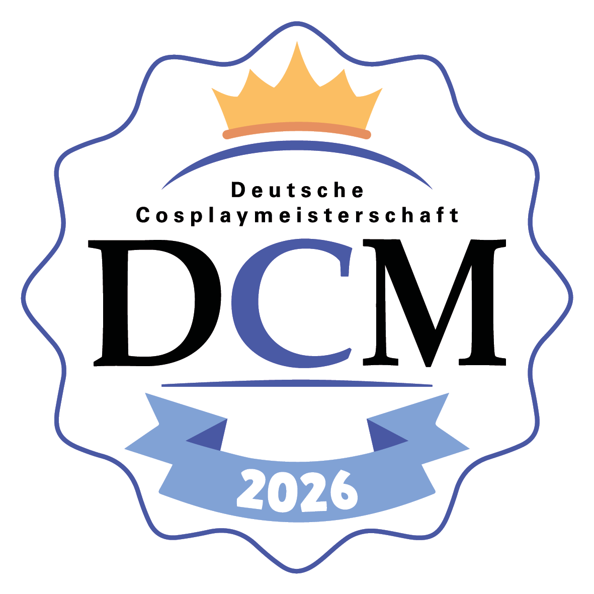 Weißes Abzeichen mit goldener Krone und dem Text: Deutsche Cosplaymeisterschaft. DCM. 2026