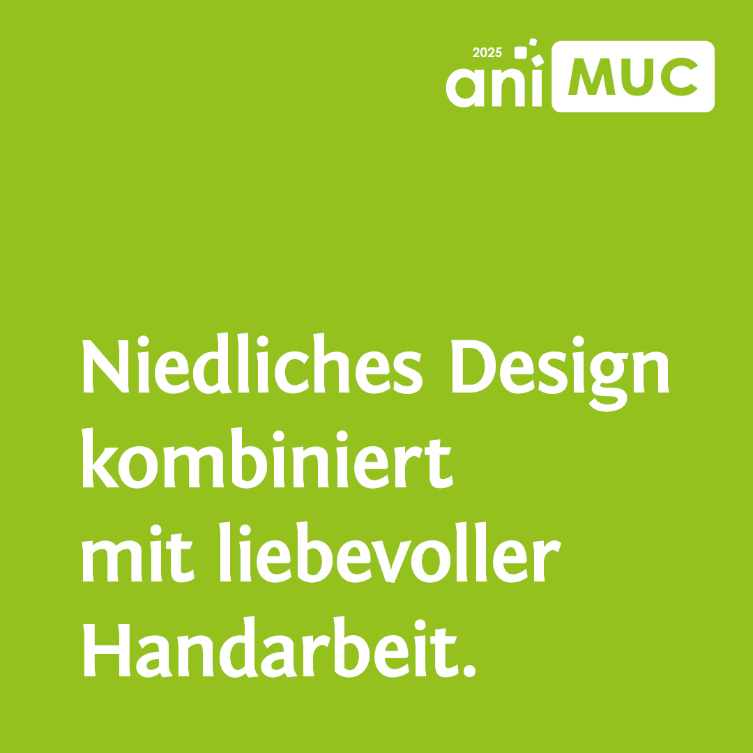 In weißer Schrift steht auf Grün: Niedliches Design kombiniert mit liebevoller Handarbeit
