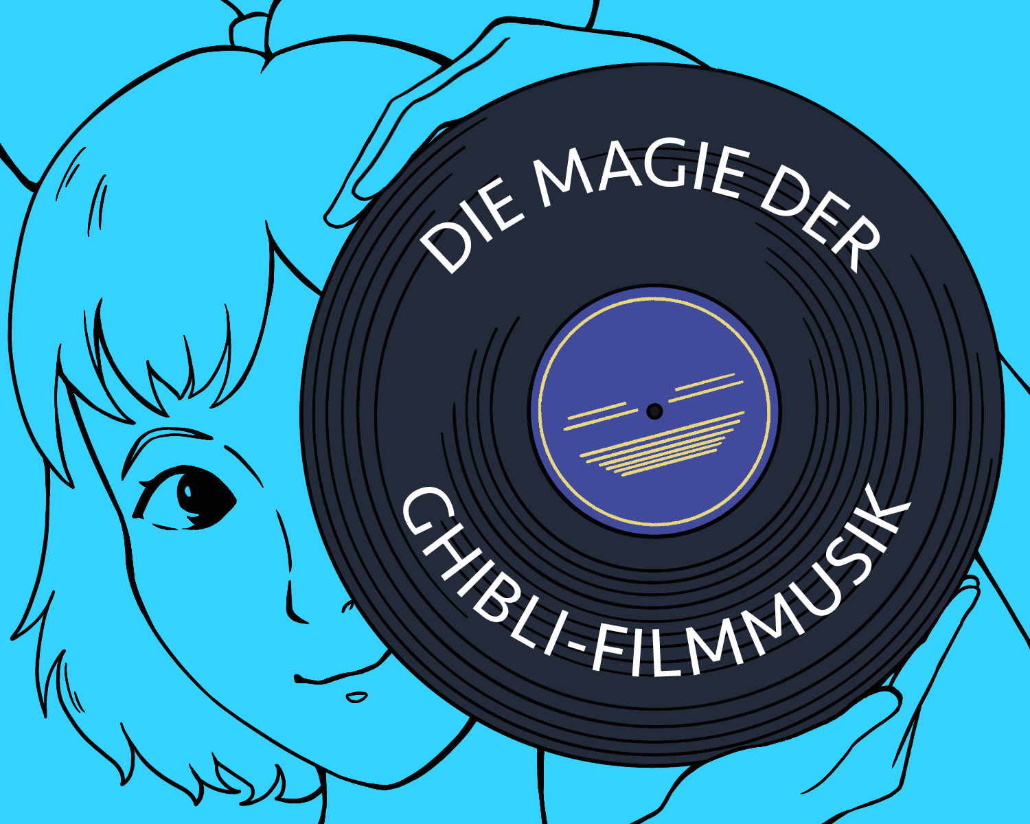 Illustration von der Hexe Kiki, die eine Schallplatte mit der Aufschrift "Die Magie der Ghibli-Filmmusik" in den Händen hält.