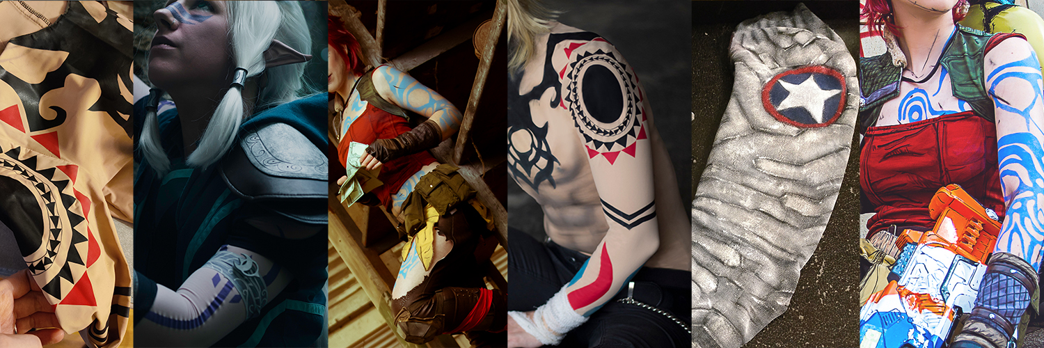 Collage mit 6 Detailaufnahmen von unterschiedlichen fake Tattoos. Von links die Tattoos der Charaktere:Gunji von Togainu No Chi, Runaan von Dragon Prince, Lilith von Borderlands, weitere Detailaufnahme von Gunjis Tattoos, Buckys Winter Soldier Arm als Tattoosleeve und eine weitere Detailaufnahme von Lilith.
