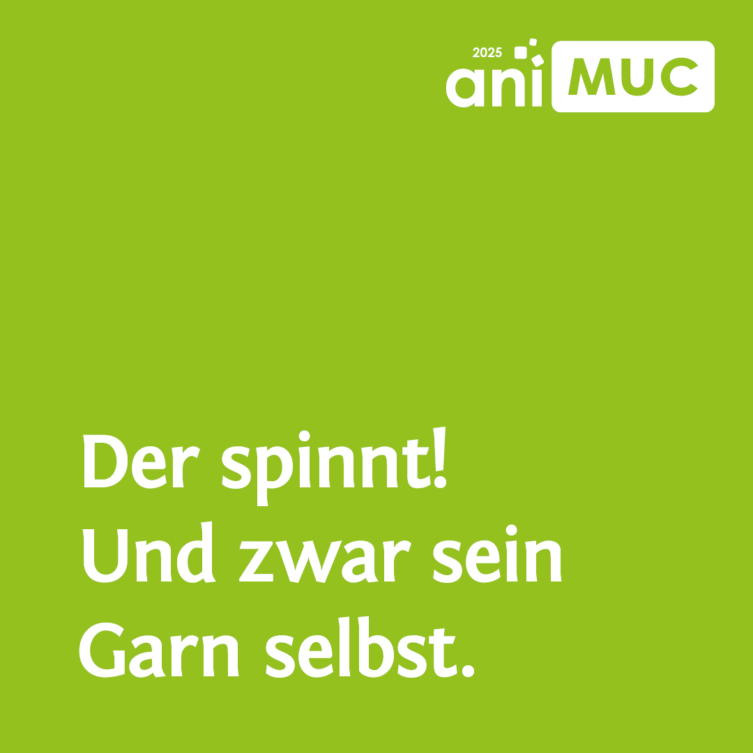 In weißer Schrift steht auf Grün: Der spinnt! Und zwar sein Garn selbst.