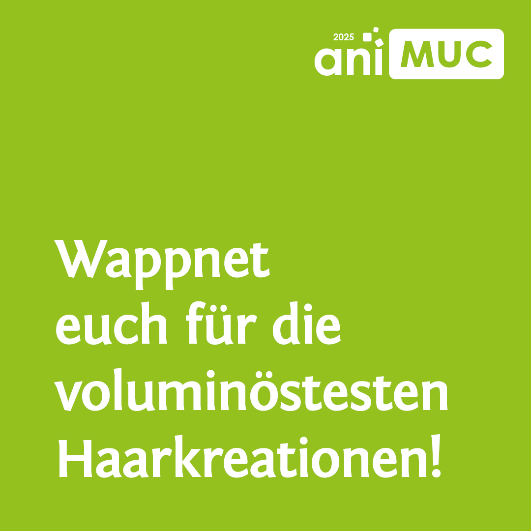 In weißer Schrift steht auf Grün: Wappnet euch für die voluminösesten Haarkreationen!