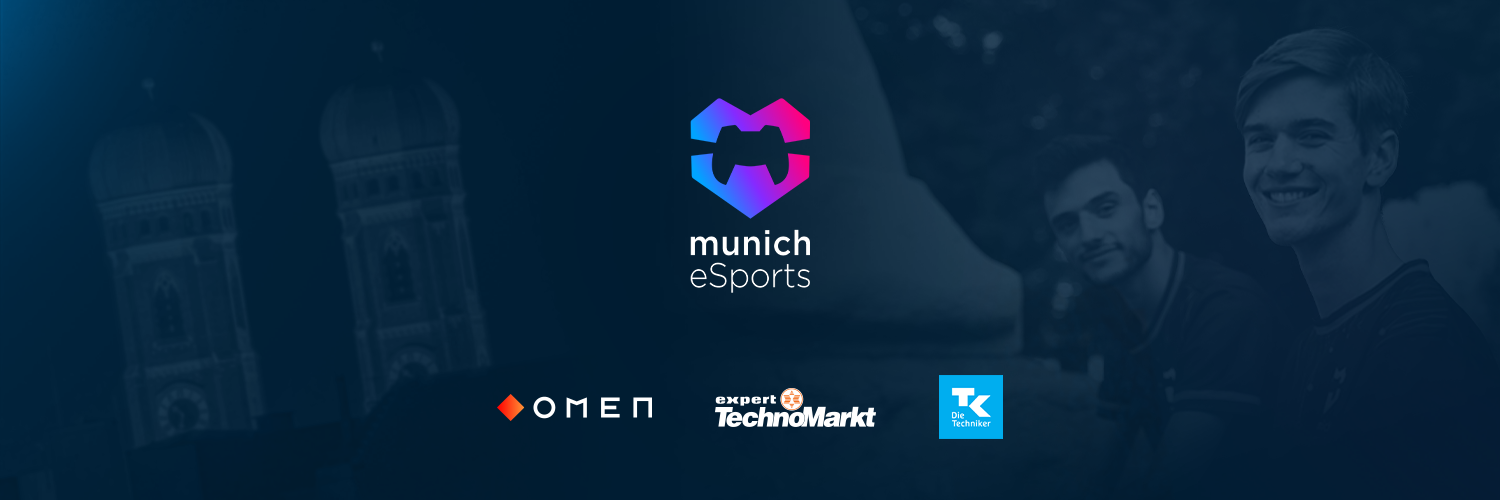 Logo von Munich eSports als Banner mit seinen Partnern Omen, Expert TechnoMarkt, Techniker Krankenkasse