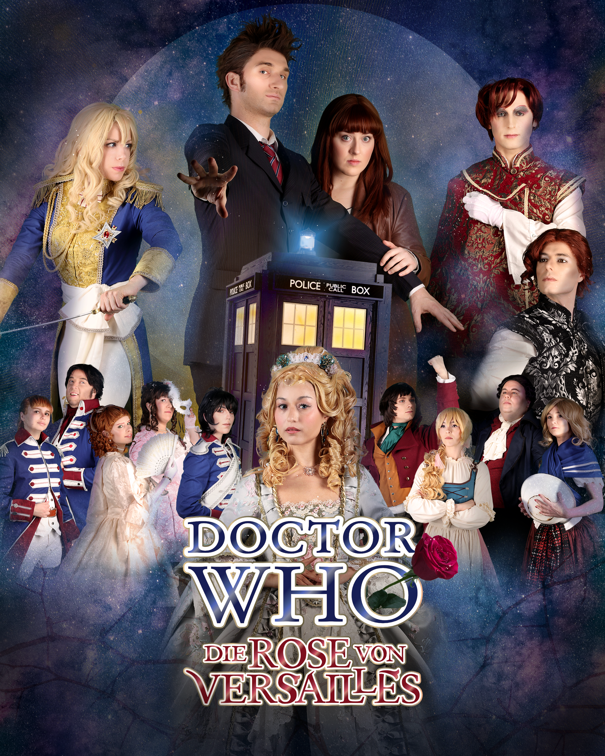 Musical-Poster von Serenata, das alle in ihren Rollen zeigt, mit Titel «Doctor Who - Die Rose von Versailles»