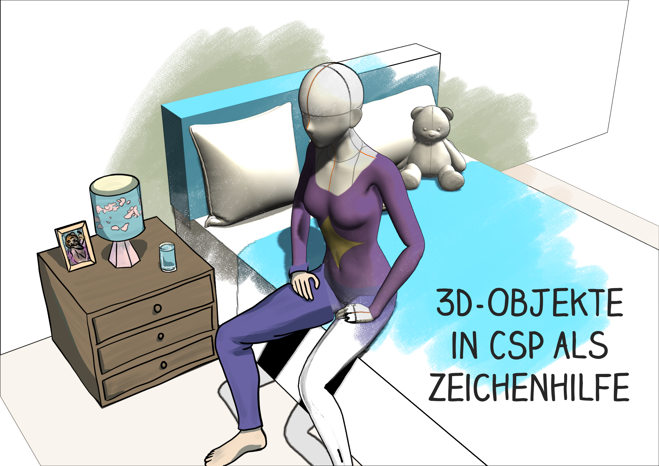Eine 3D-Figur, die auf einem 2D-gezeichneten Bett sitzt. Der Titel des Workshops steht in schwarz auf der rechten Seite des Bildes: „3D-Objekte in CSP als Zeichenhilfe“