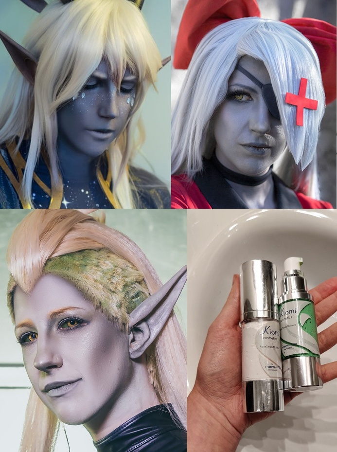 WS-Facepaint Von der Farbe zum Finish_26WS49_ORIGINAL Drei Beispielbilder wie ein Facepaint mit Kiomi Aqua Cream Produkten aussehen kann. Drei Bilder zeigen Cosplay-Portraits mit Facepaint. Ein Bild zeigt eine Hand mit zwei Kiomi Fläschchen.