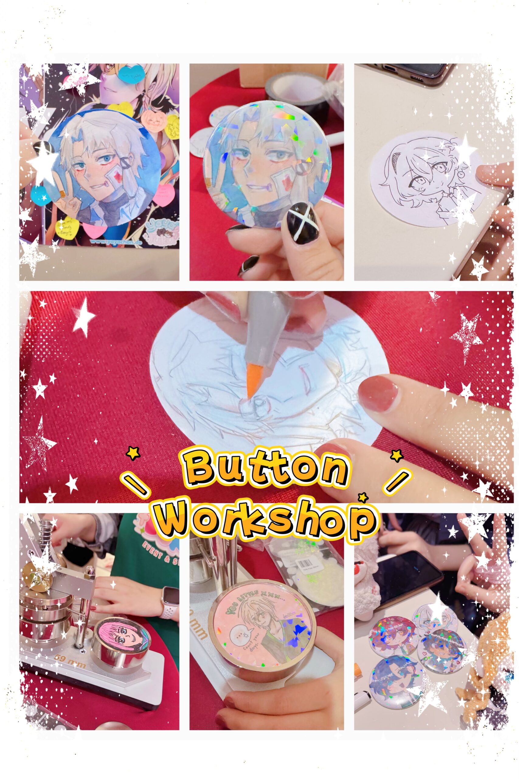 Eine Collage, die die verschiedenen Arbeitsschritte (Skizzieren, Ausmalen und Pressen) des Button-Erstellens zeigt. Mit dem gelben Schriftzug „Button Workshop“, welcher von Sternchen und Strichen umrahmt ist.