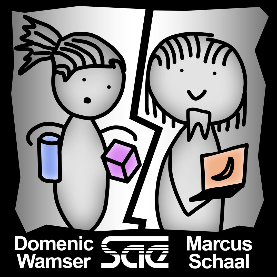 Zwei Strichfiguren halten einen Laptop und geometrische Formen, darunter stehen die Namen der Vortragenden, Domenic Wamser und Marcus Schaal, sowie das Logo der SAE.
