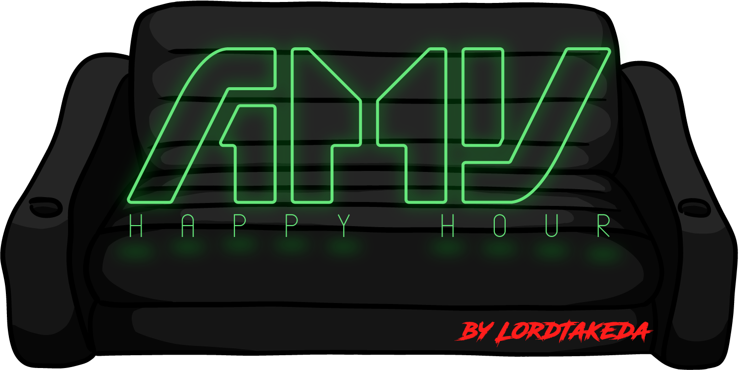 Das Logo von der AMV Happy Hour. Eine gezeichnete aufblasbare Couch mit dem Schriftzug "AMV Happy Hour by LordTakeda".