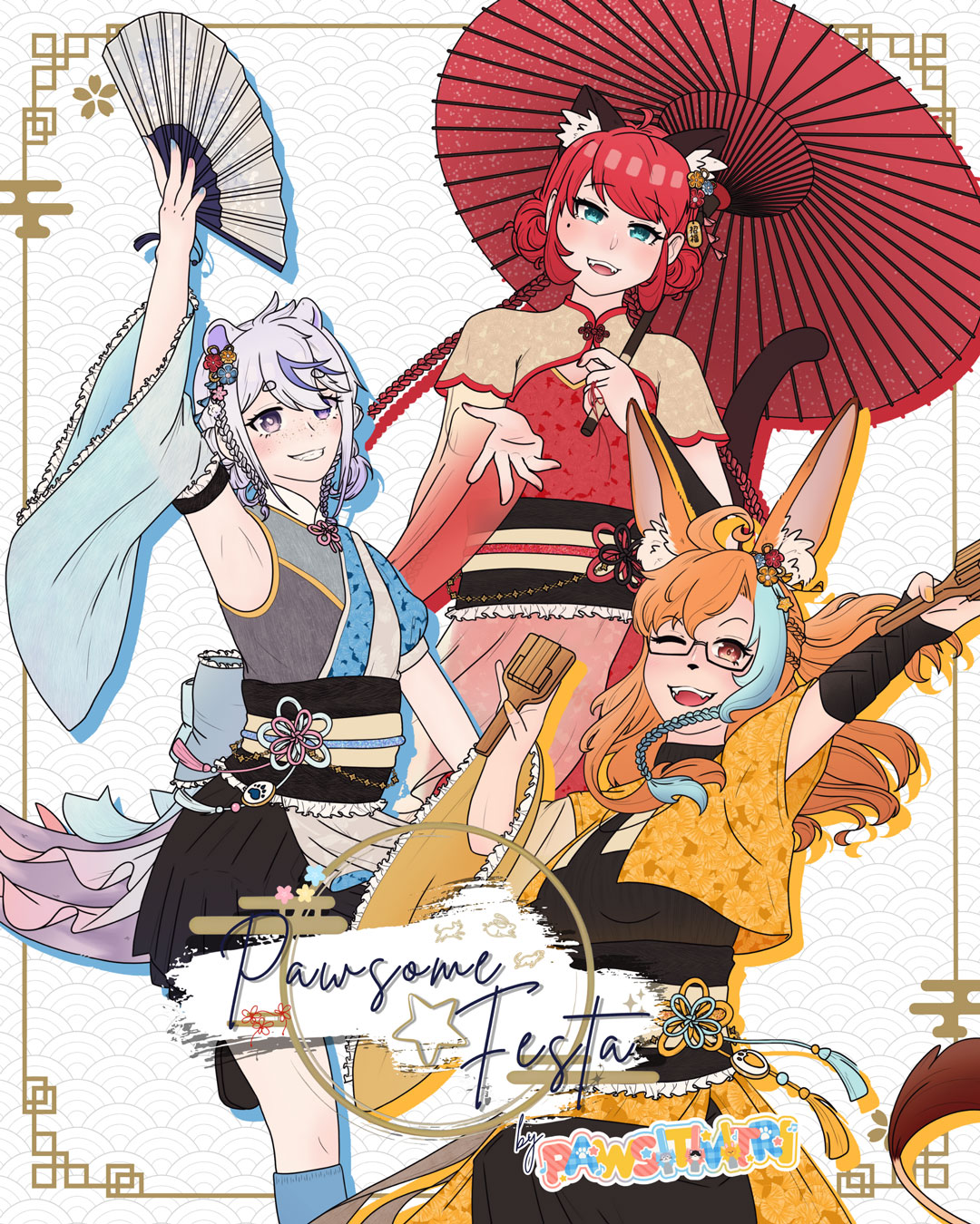 Bild zeigt die drei Idols von Pawsitivitri Cat-Lynn, Melotty und KianaCinnabun. Alle drei tragen traditionell asiatisch aussehende Kostüme in ihren Idolfarben rot, hellblau und gelb. Cat-Lynn hat einen aufgespannten roten Papierschirm in der Hand, Melotty präsentiert einen hellblauen Fächer und Kiana hat in beiden Händen eine Naruko.