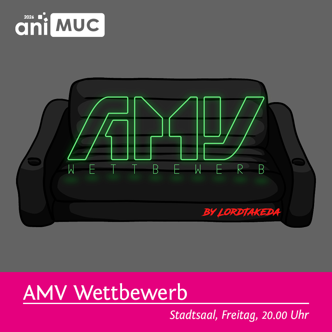 Vor grauem Hintergrund steht eine schwarze aufblasbare Couch mit Getränkehaltern links und rechts, auf der in grüner Leuchtschrift steht: AMV Wettbewerb. Darunter steht in weiss auf pink: AMV Wettbewerb, Stadtsaal, Freitag, 19.30 Uhr.