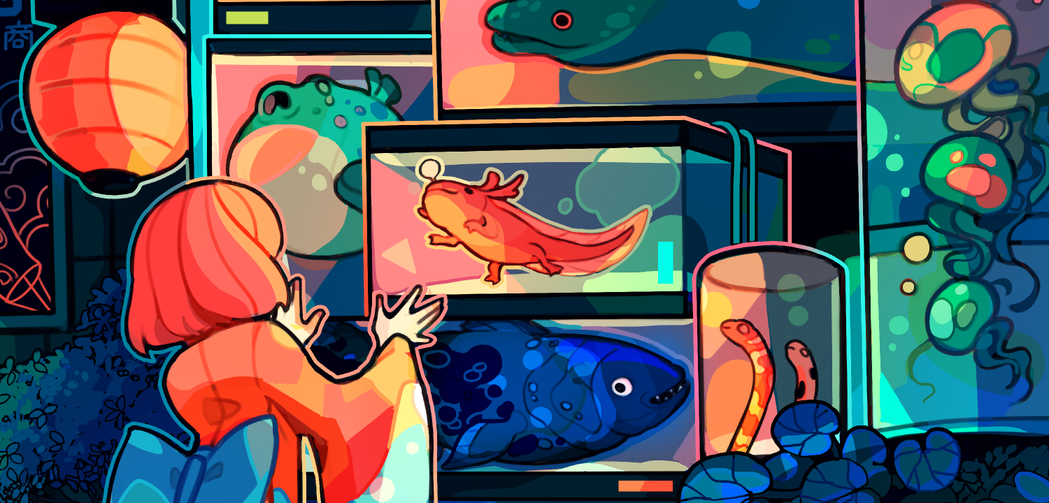 Illustration von einem Mädchen im Kimono, dass sich Fische im Aquarium anschaut.