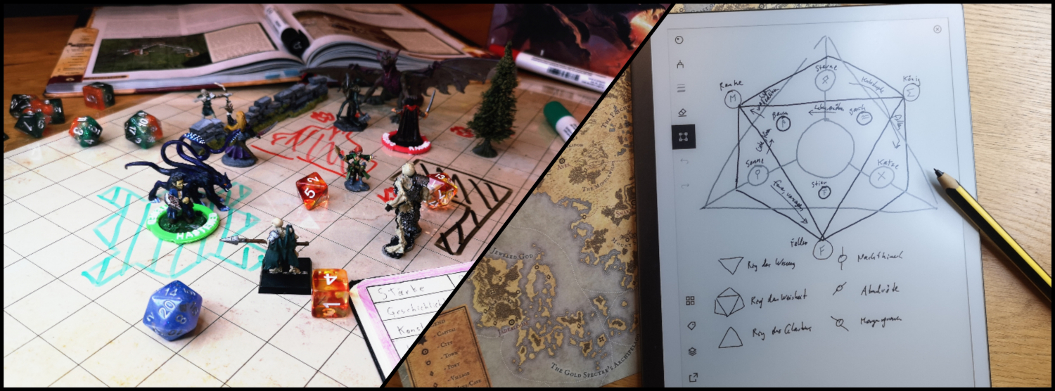 Das Bild zeigt links einen DnD-Kampf mit Minis, Würfeln und einem Buch im Hintergrund. Die rechte Seite zeigt eine Karte und eine Notiz auf der magische Symbole aufgezeichnet und beschriftet sind.