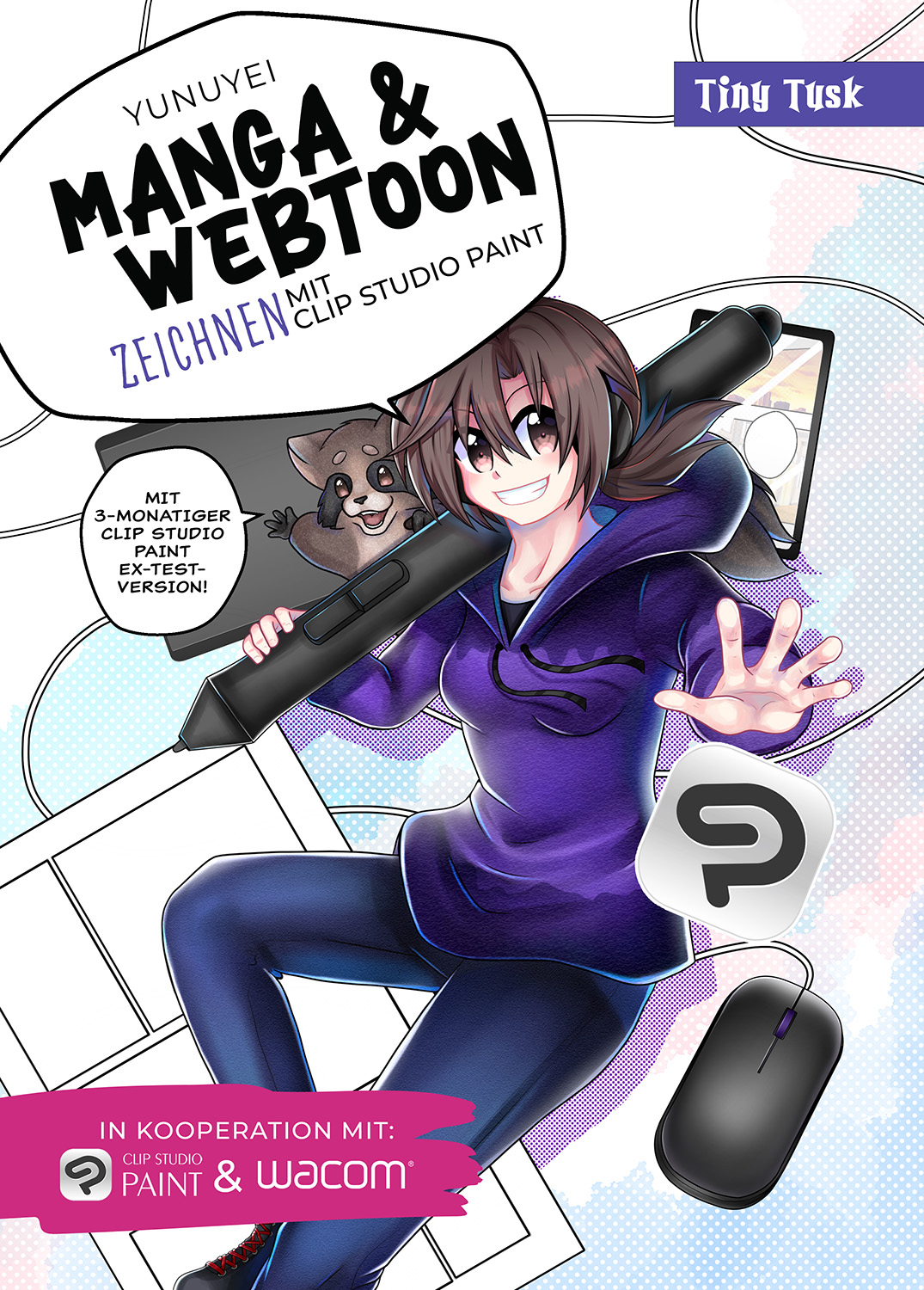 Buchcover Manga & Webtoon Zeichnen mit Clip Studio Paint. Es ist die Autorin und das Maskottchen Mochi auf diesem zu sehen.