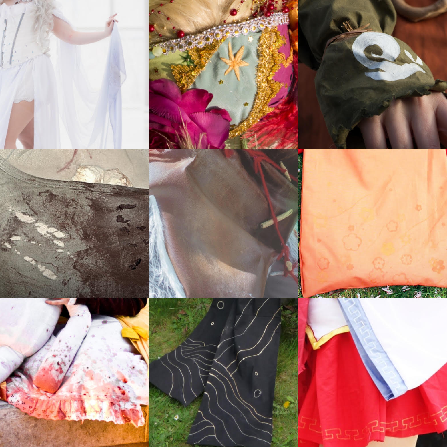 Neun Bilder von unterschiedlichen Kostümen mit Farbverläufen, Stickereien und bemalten Stoffen.